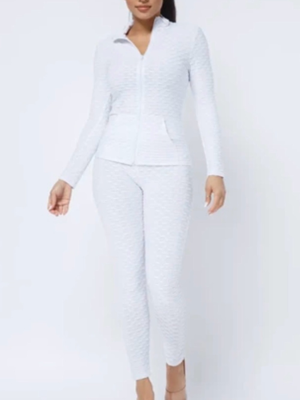 White Honey Comb Quilted Zip Jacket & Legging Set